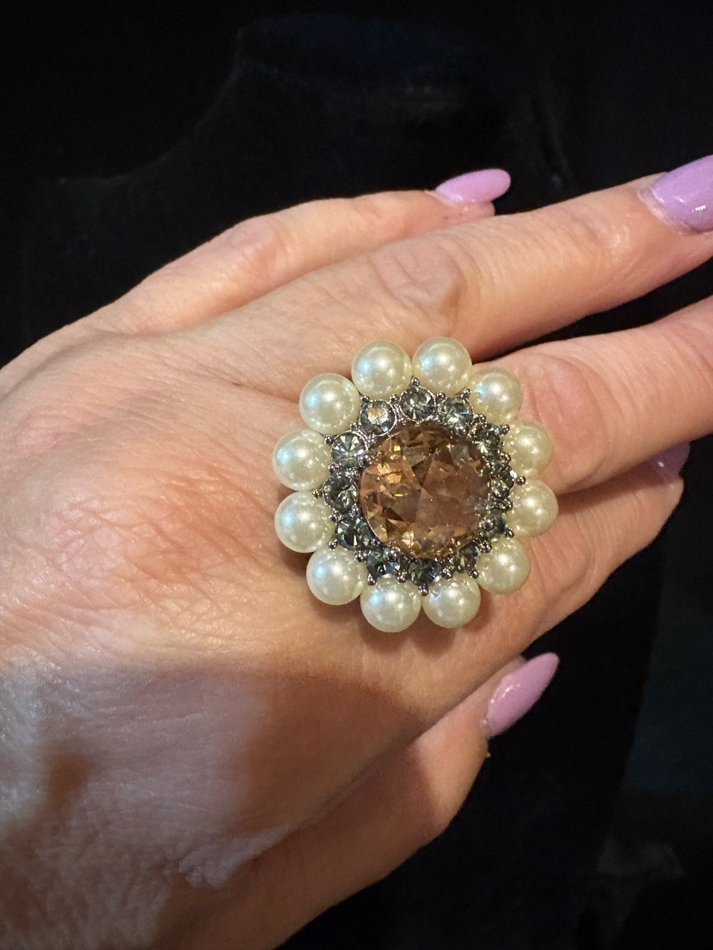 Avon Pearl Halo Cocktail Ring with Champagne Center Stone